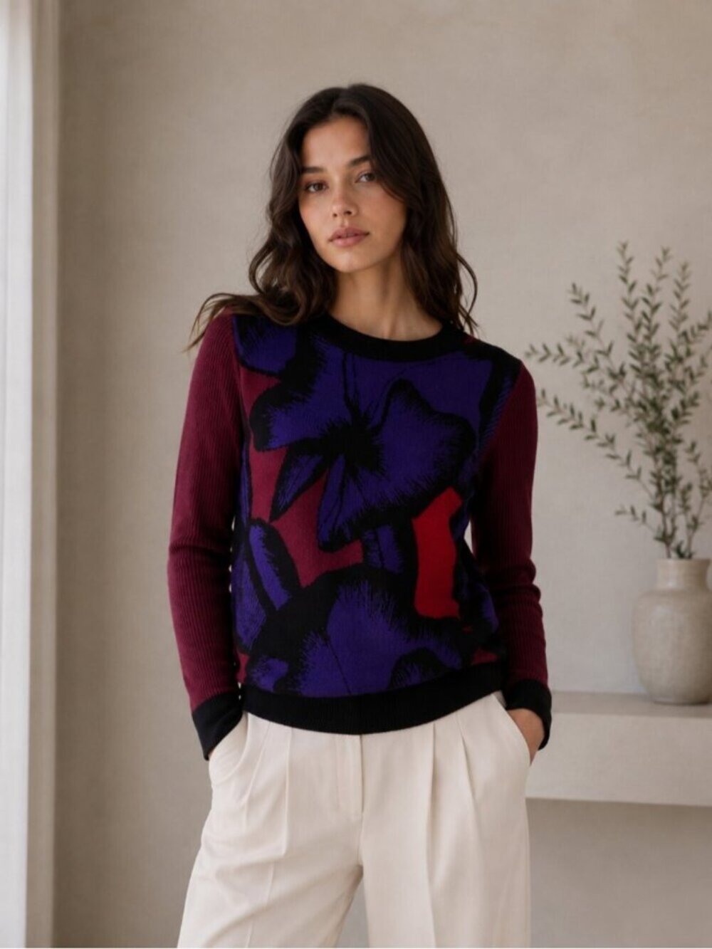 Diane von Furstenberg Floral Intarsia 100% Wool Crewneck Sweater Burgundy S 0571